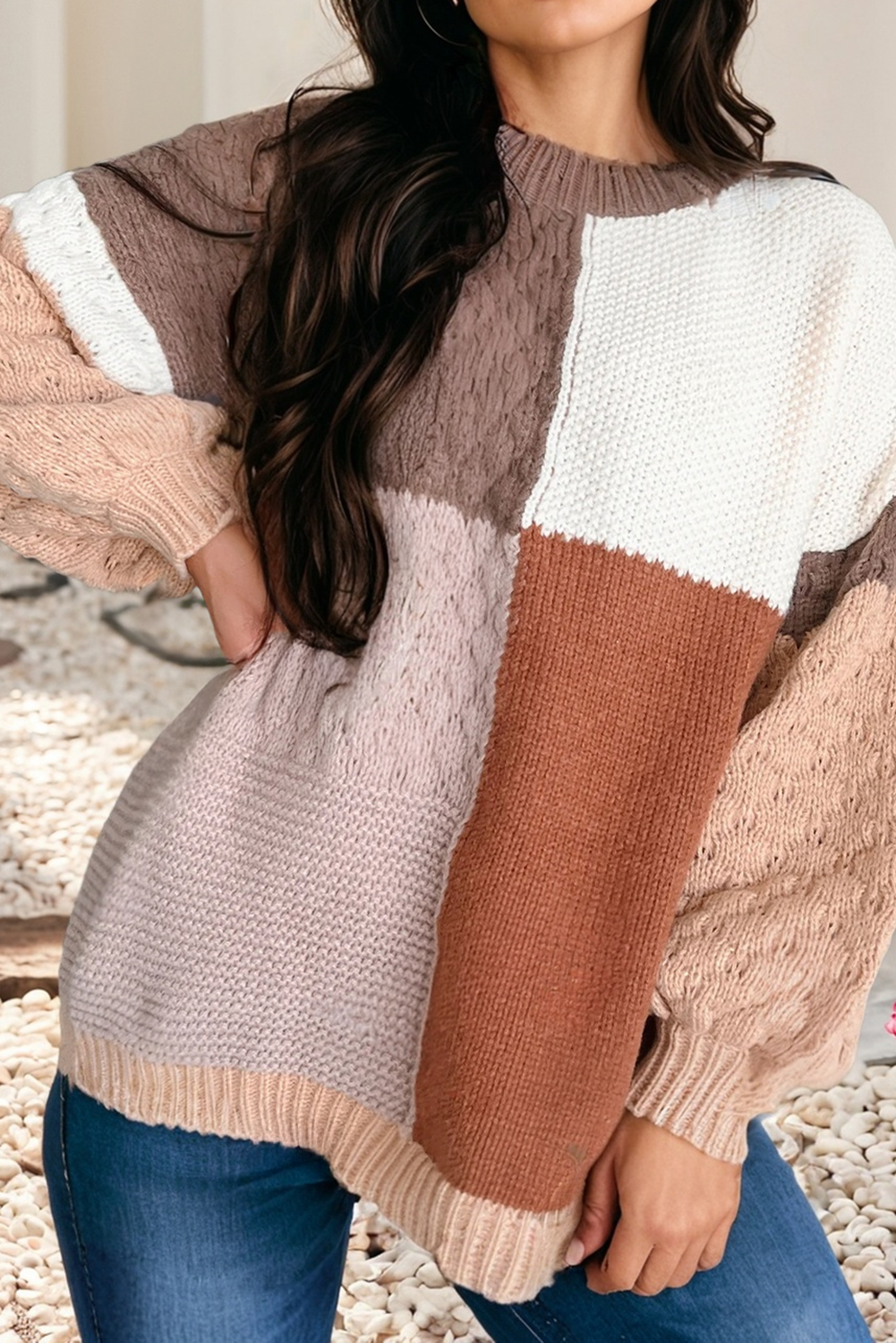 LDC Mix Texture Colorblock Knit Baggy Sweater