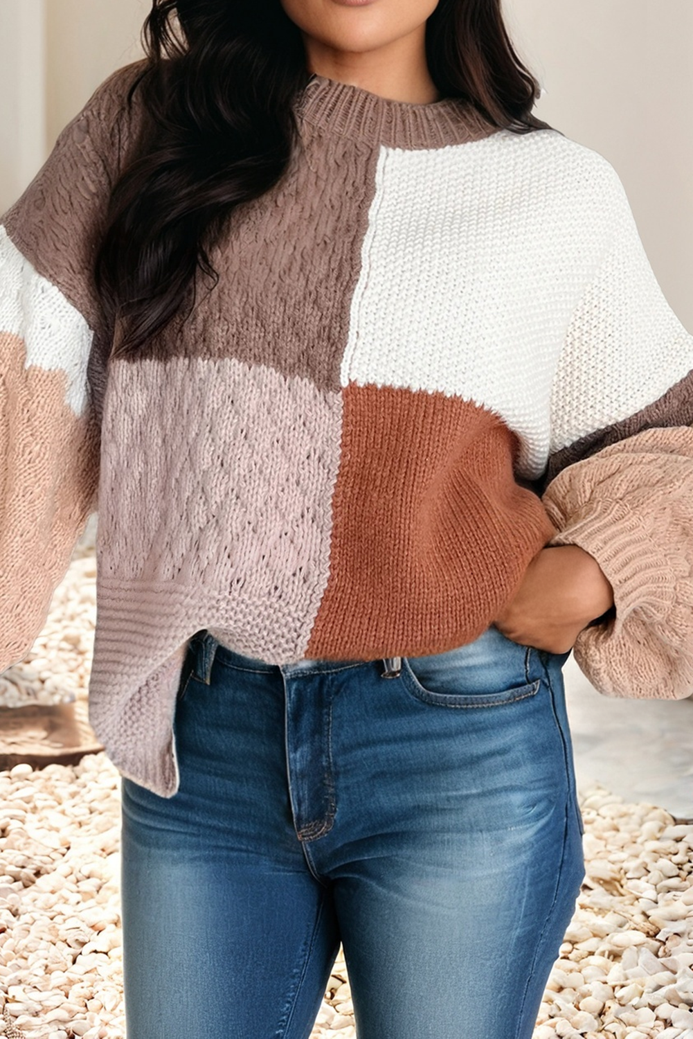 LDC Mix Texture Colorblock Knit Baggy Sweater