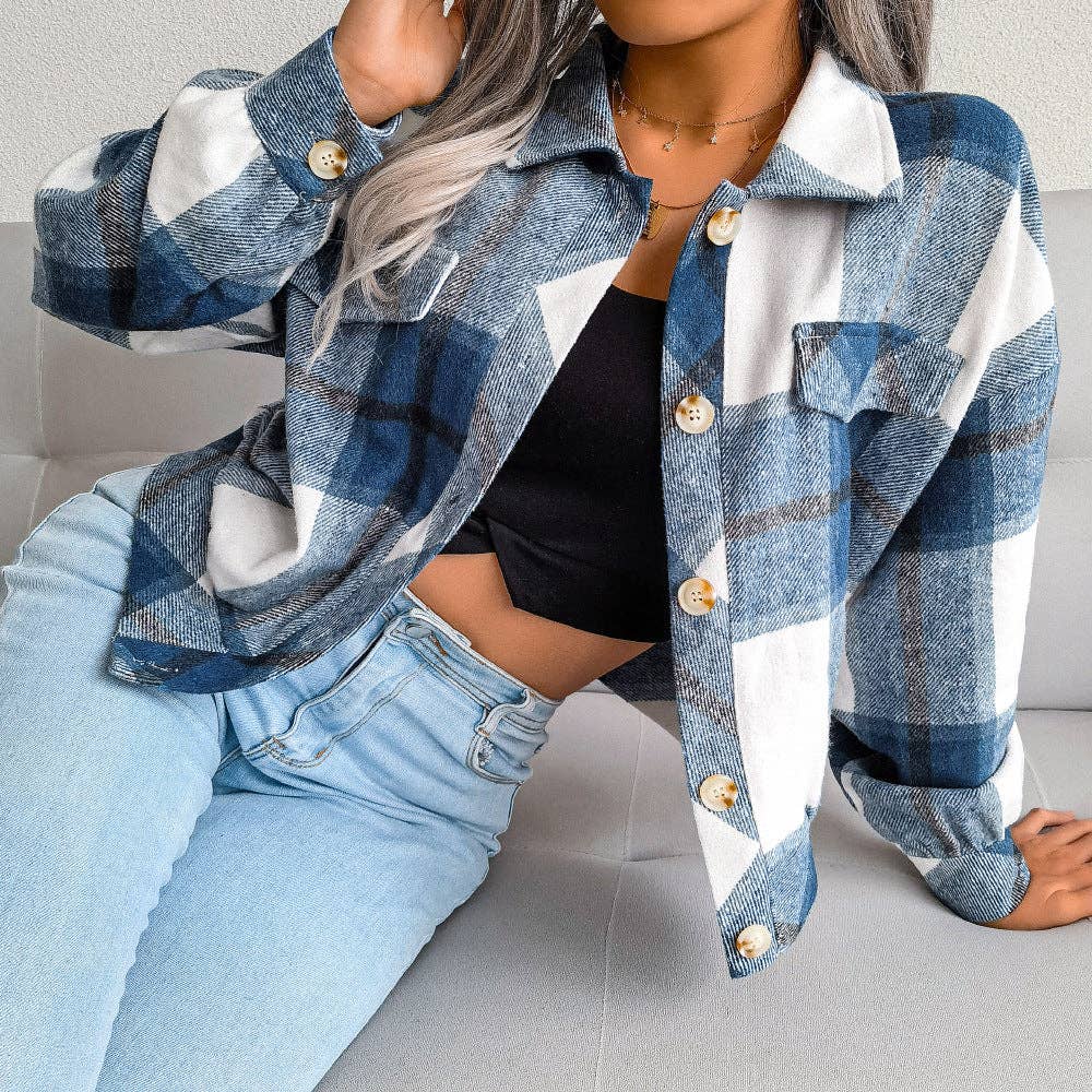 Trendy Plaid Lantern Sleeve Woolen Jacket – Cozy Fall/Winter Outerwear